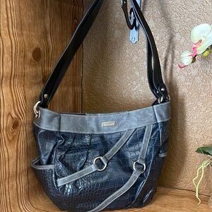 Michele Gray and Blue Shoulder Bag with Denim Design